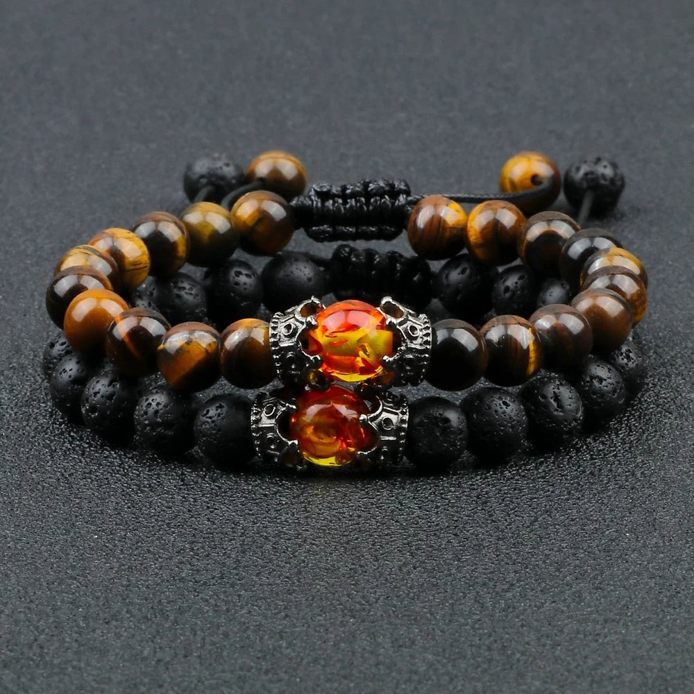 "MysticCrown™ Black Lava Stone Crown Charm Tiger Eye Beads Bracelet