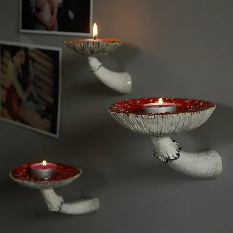 Mushroom Head Candle Holder Wall Mounted Floating Shelf Resin Wall Storage Tray Indoor Decorations